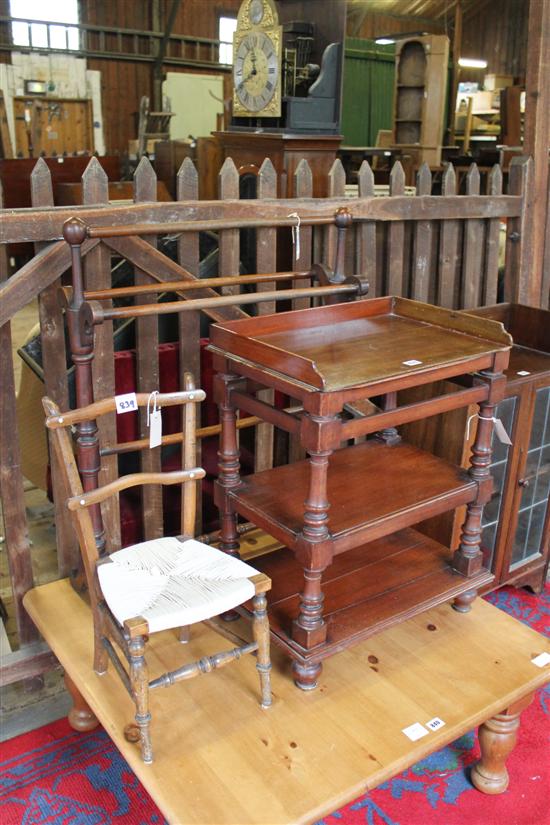 Victorian turned mahogany towel rail, childs string-seat chair & a mahogany tray-top three-tier buffet (a.f)